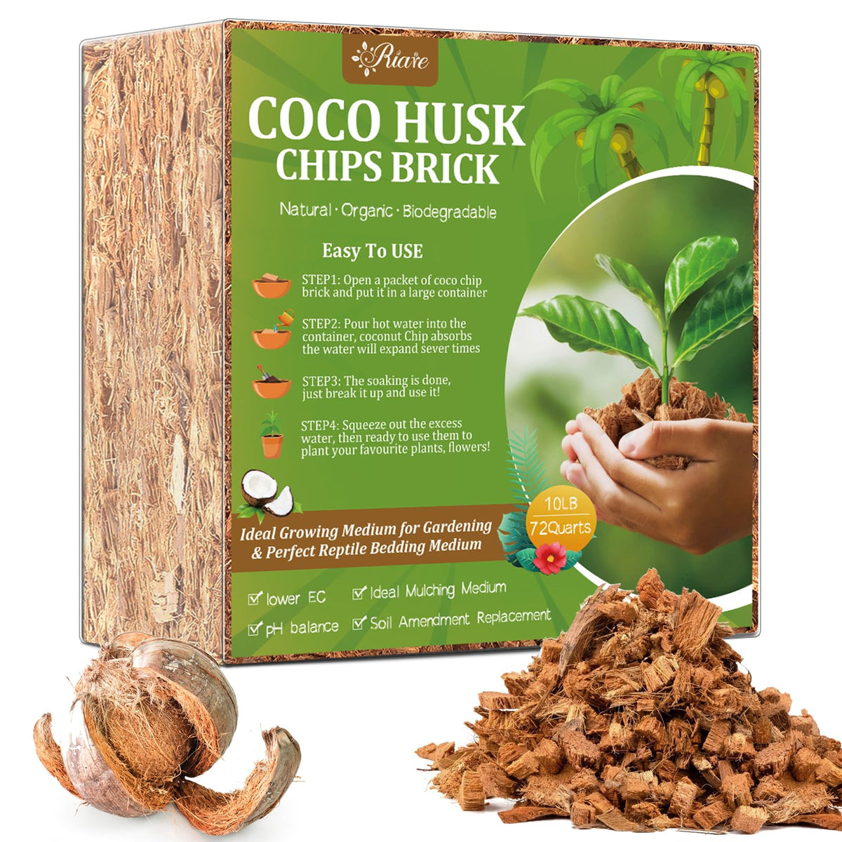 Riare Coco Chips Substrate brick for planting expands with water to form rich potting mix.