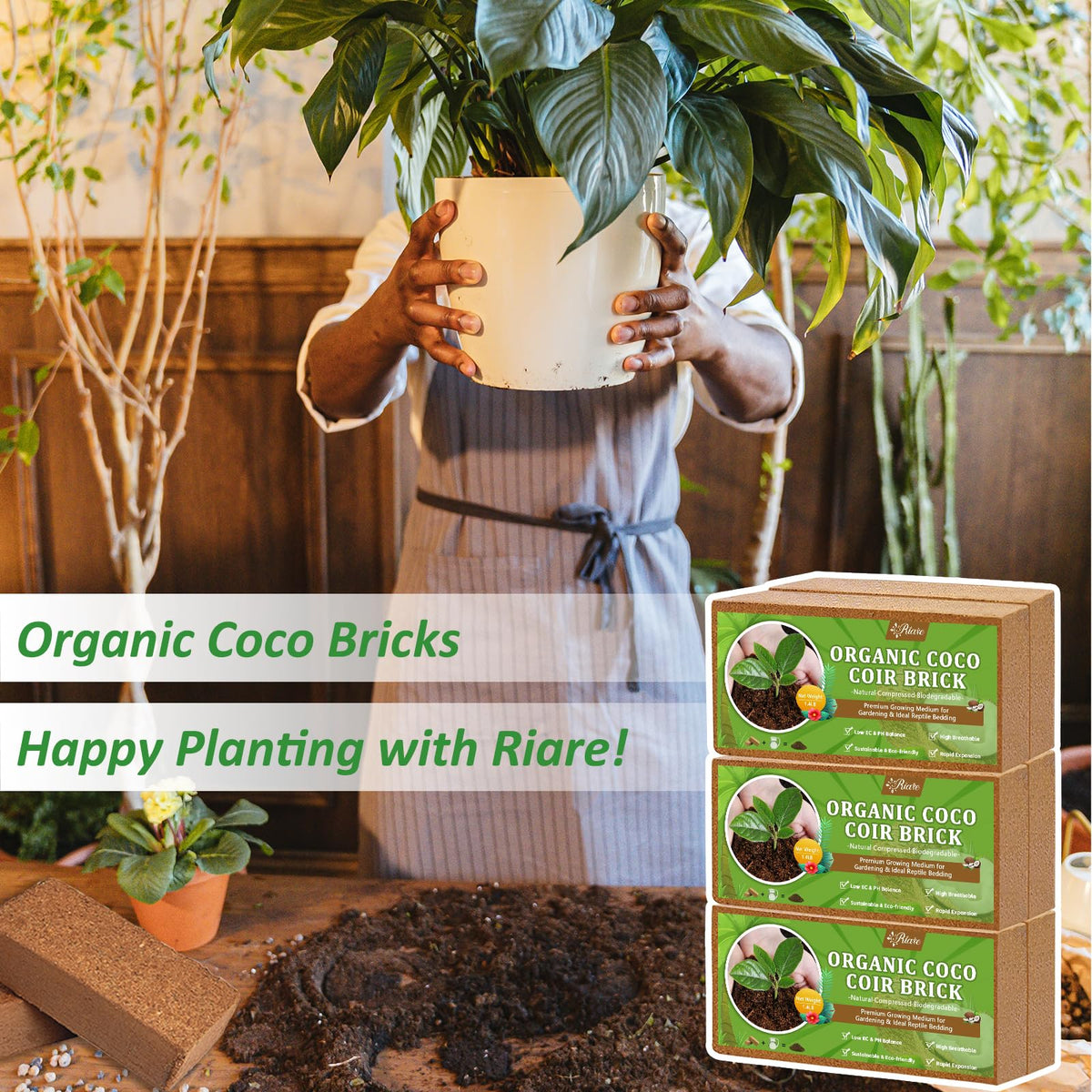 Riare coco coir brick versatile for seedlings, pots, and raised beds