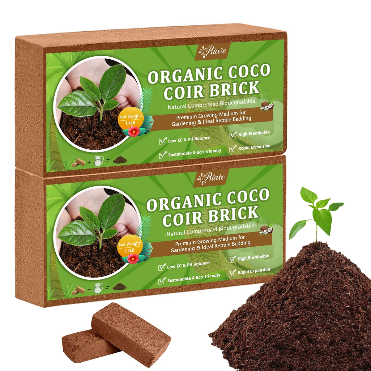 Riare Coco Coir Bricks packaging shows two compact blocks for easy storage and use.