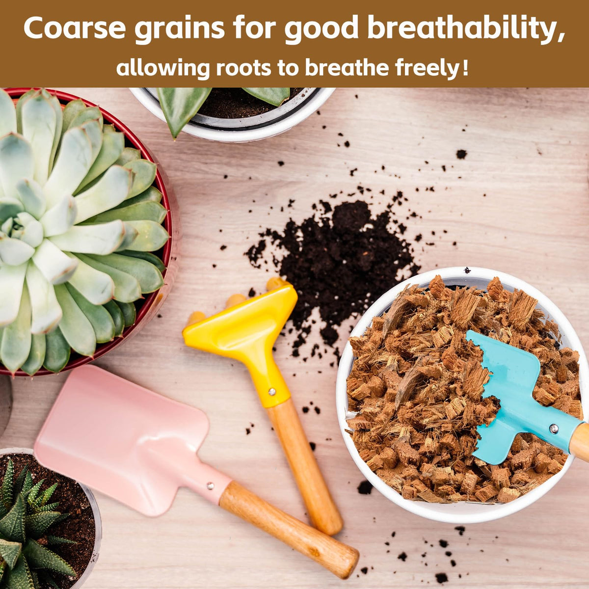 Riare coco husk mulch adds natural color for indoor and outdoor plants.