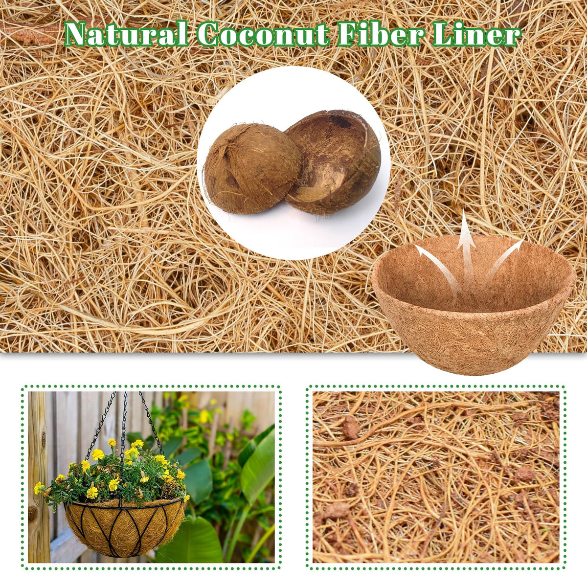 Riare coconut coir liner close-up shows natural fiber for sturdy, durable planter use.