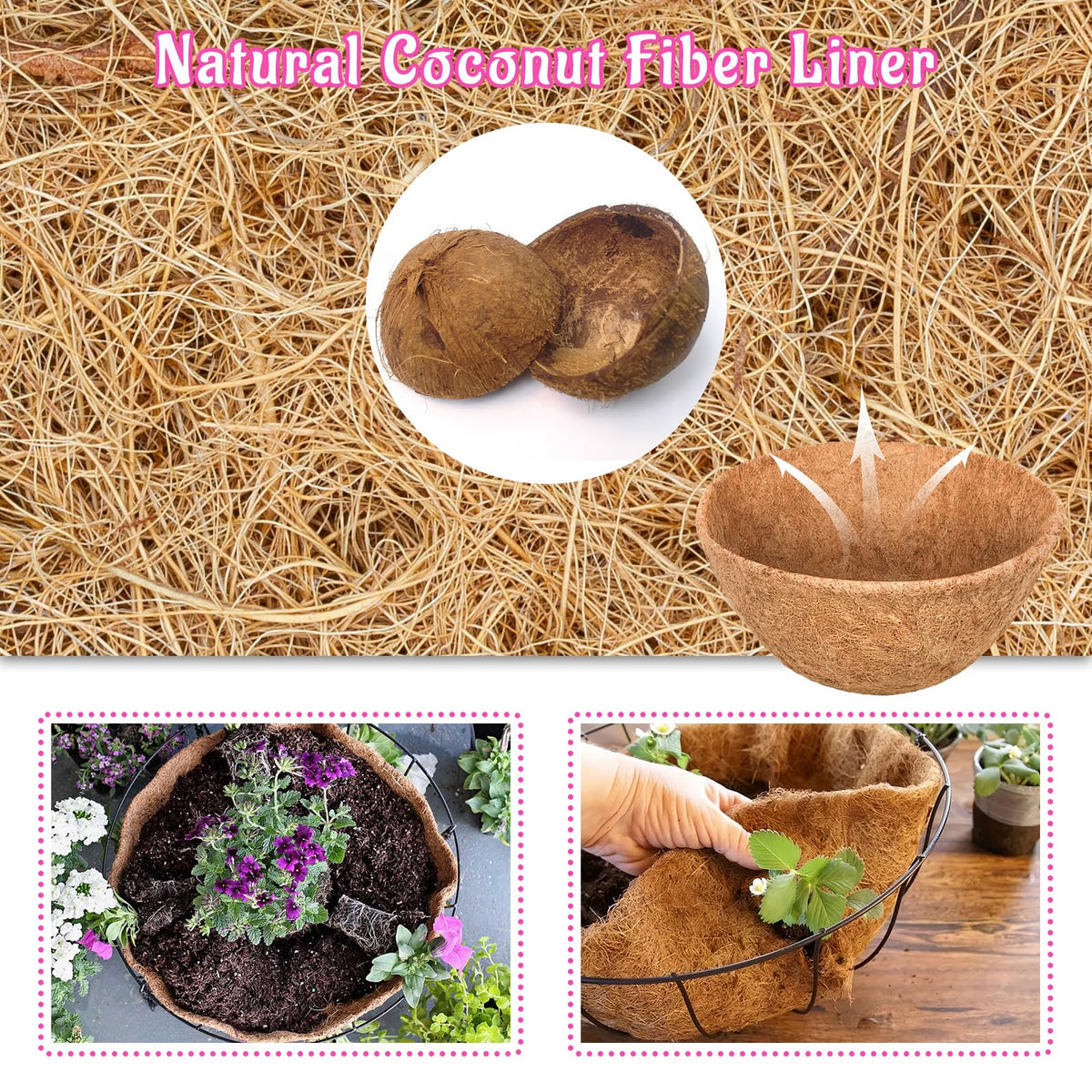 Riare coconut coir liner close-up showing thick fibers for durable planter use.