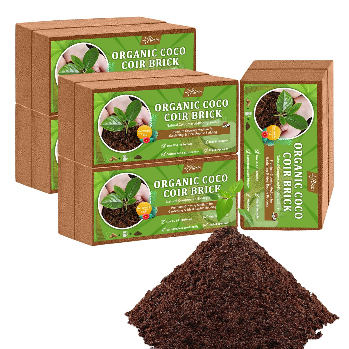 Riare coco coir bricks 10-pack ready to expand into soil.