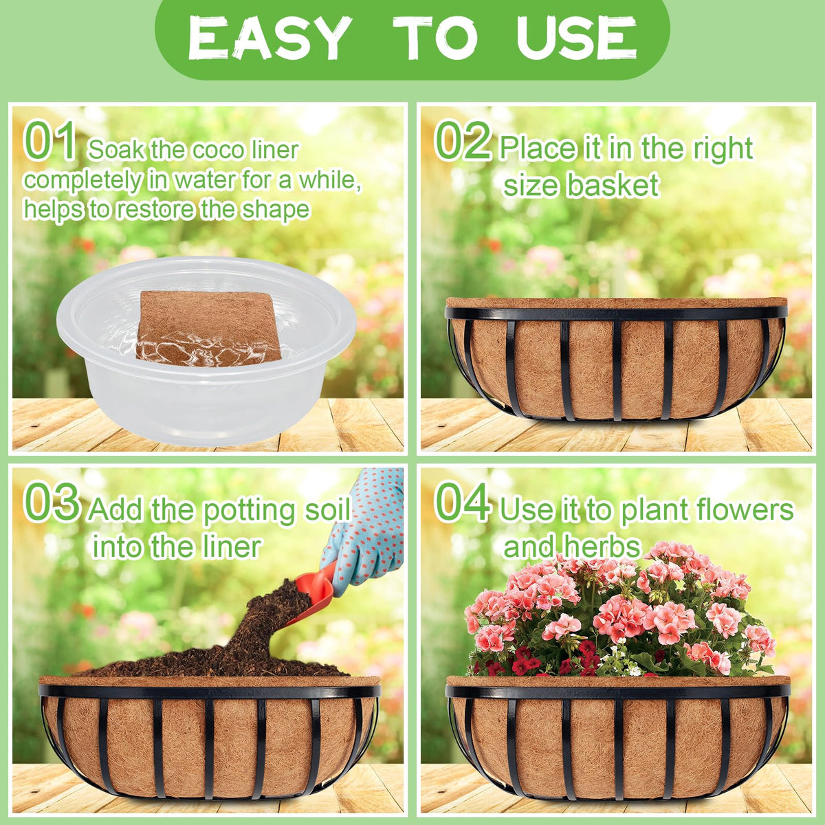 Riare easy-cut coconut liner folded to fit a planter quickly.