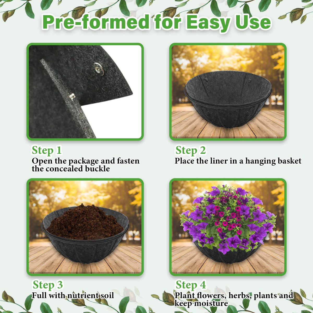 Riare easy-install hanging basket liner ready to spread and plant.
