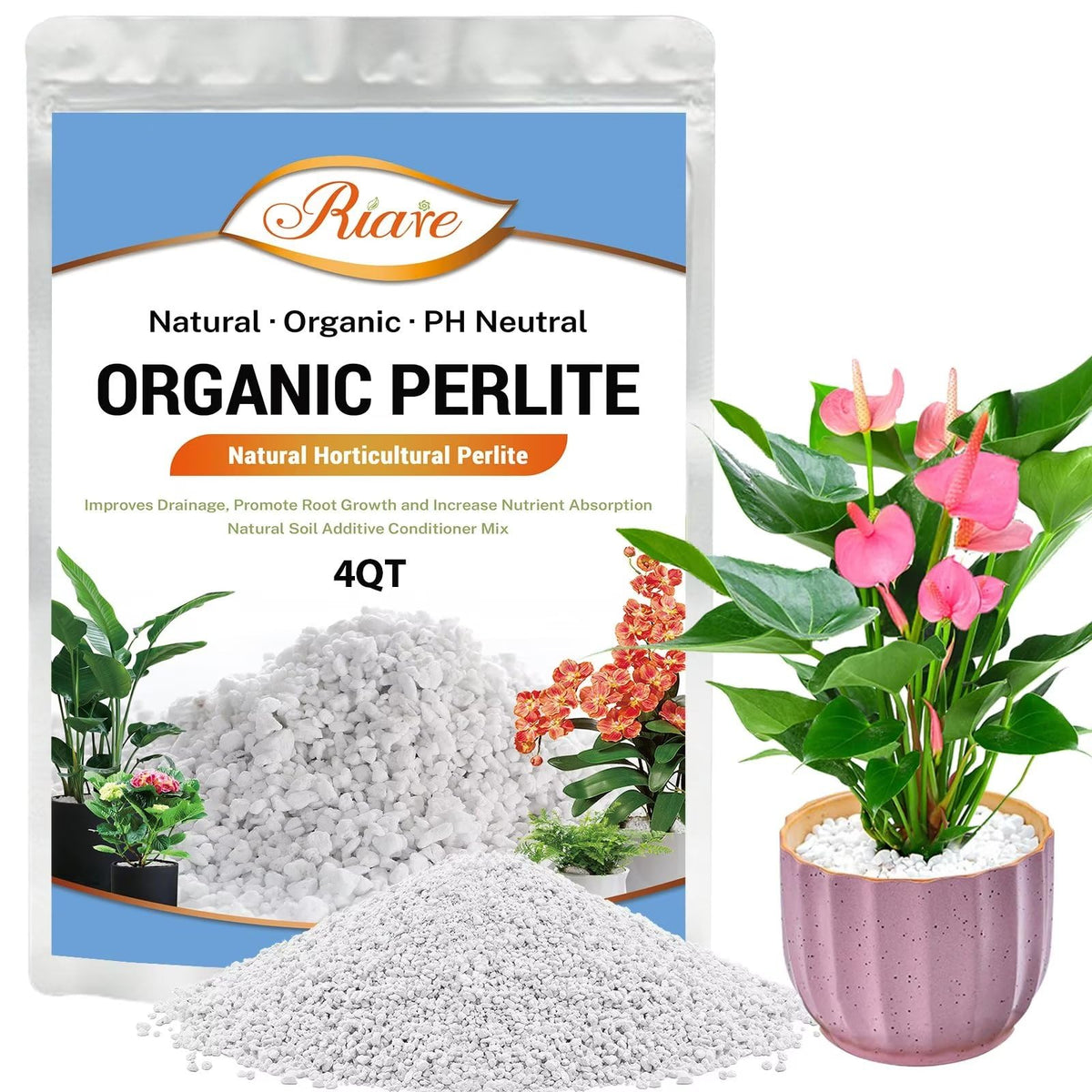 Riare four quarts organic perlite bag for soil amendment and aeration.