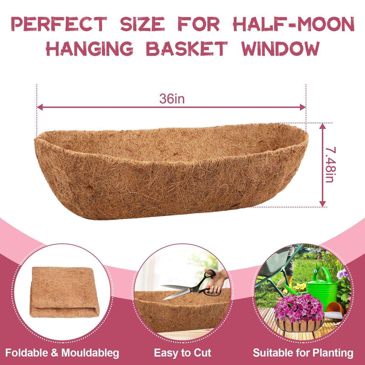 Riare half-moon coco coir liner for wall baskets provides a snug fit and natural appeal