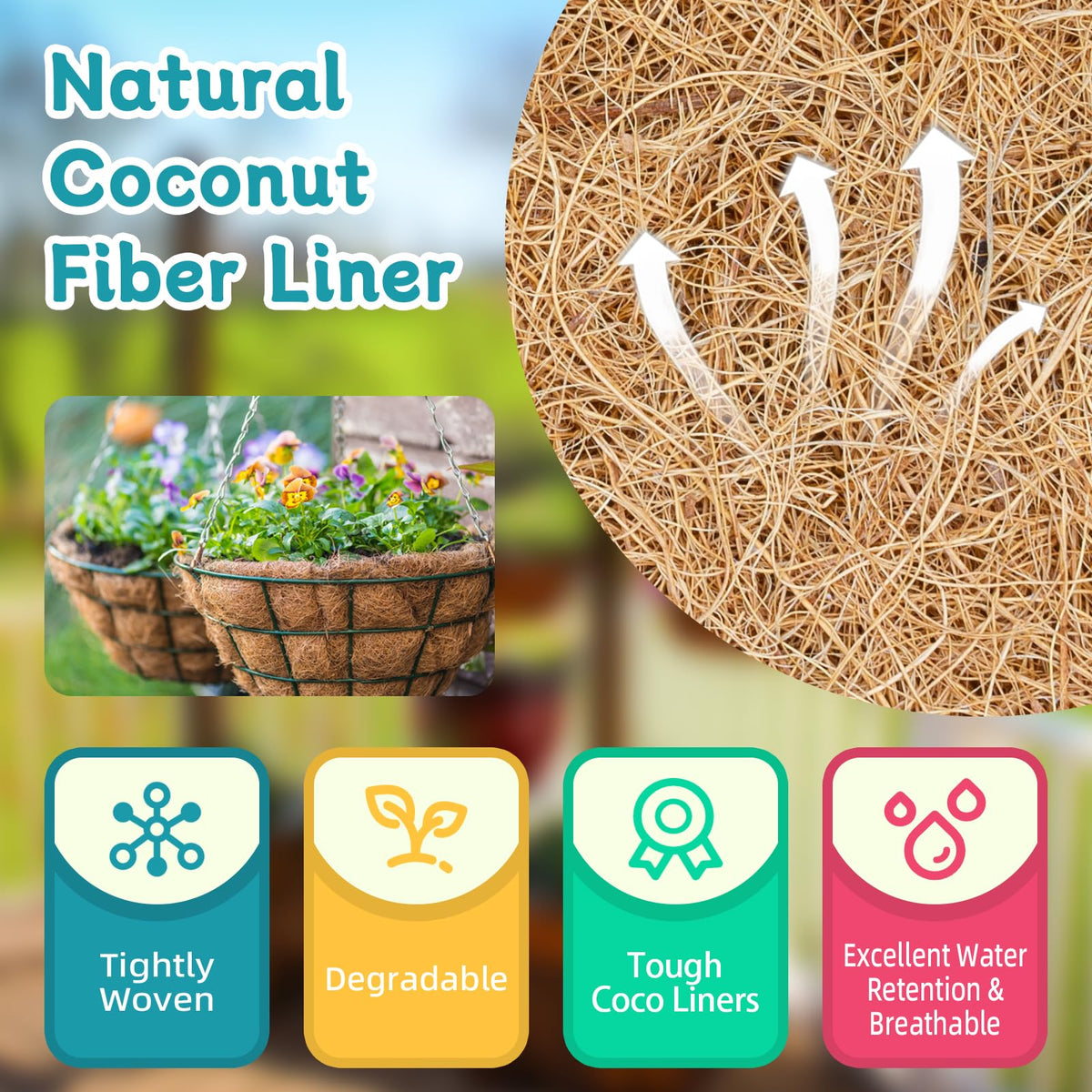 Riare 18-inch coco liner in a hanging basket—shaped to fit and water-retentive