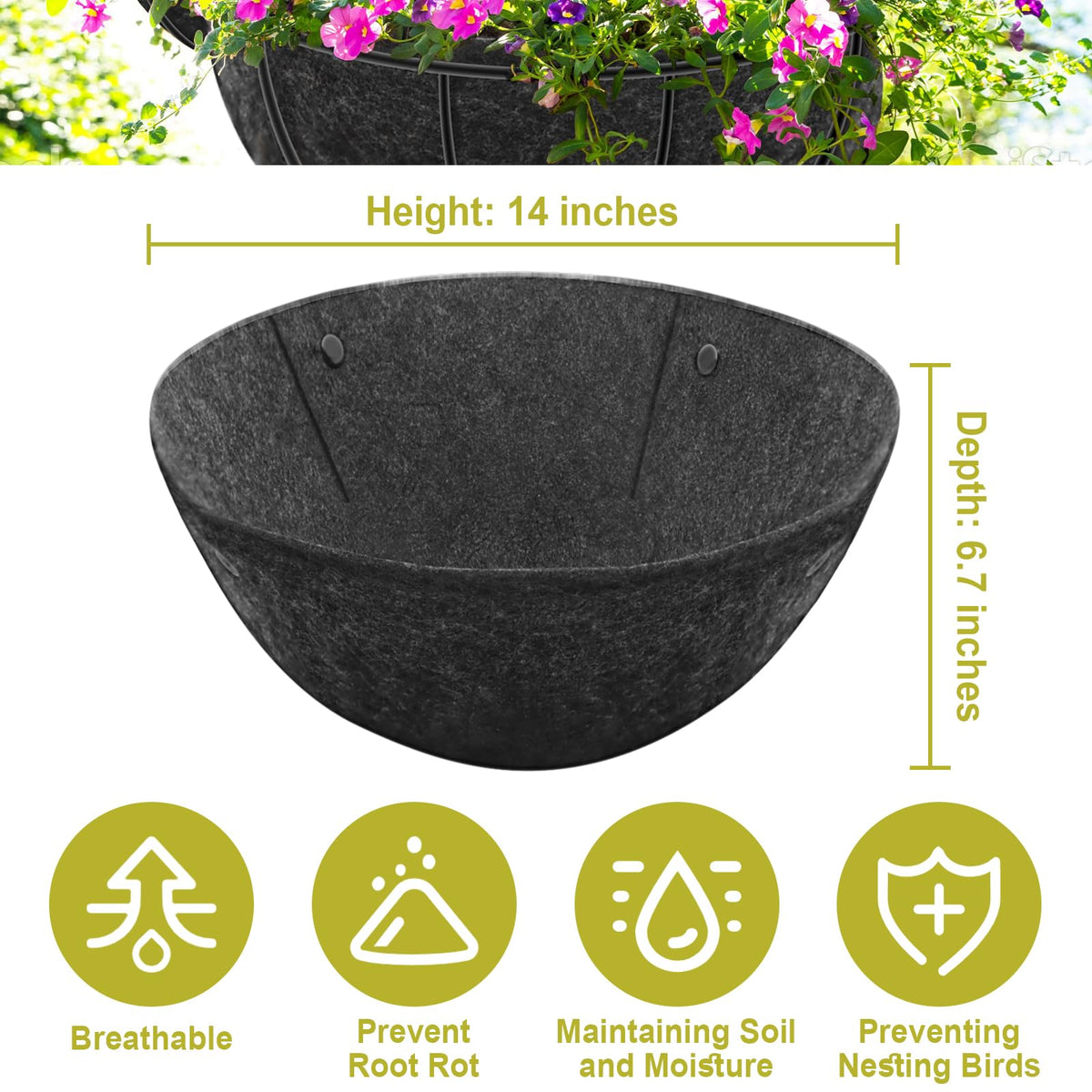 Riare anti-nesting liner keeps hanging baskets neat and bird-free.
