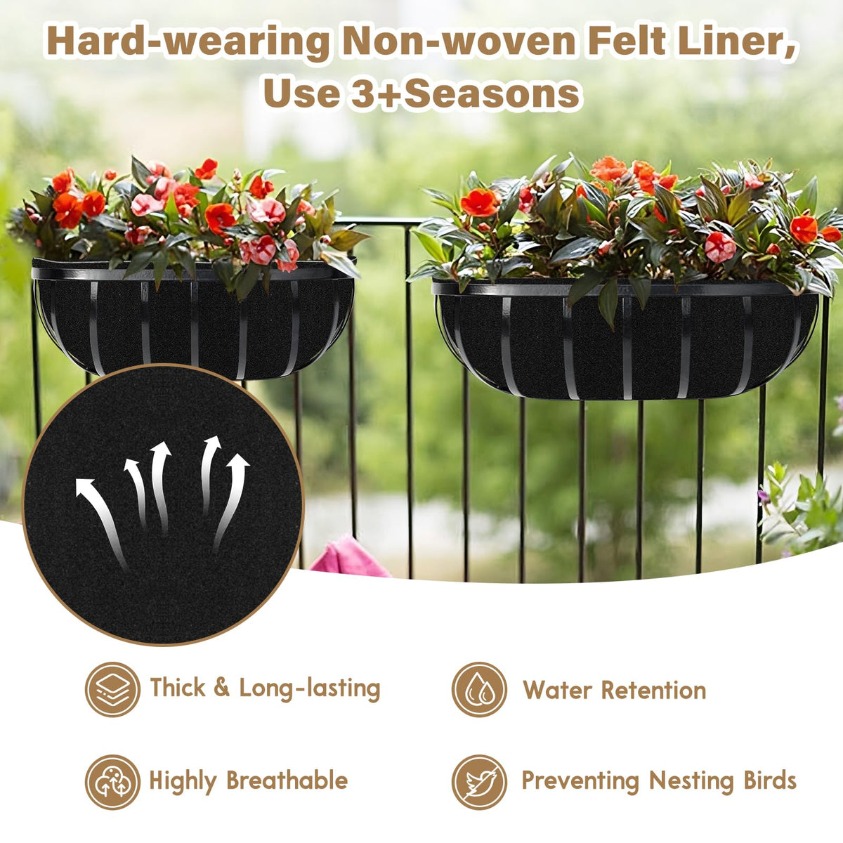 Riare liner installed in a hanging basket, promoting airflow around plant roots.