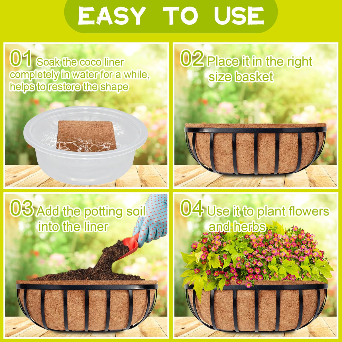 Riare coco liner regulates humidity to help soil stay evenly moist.