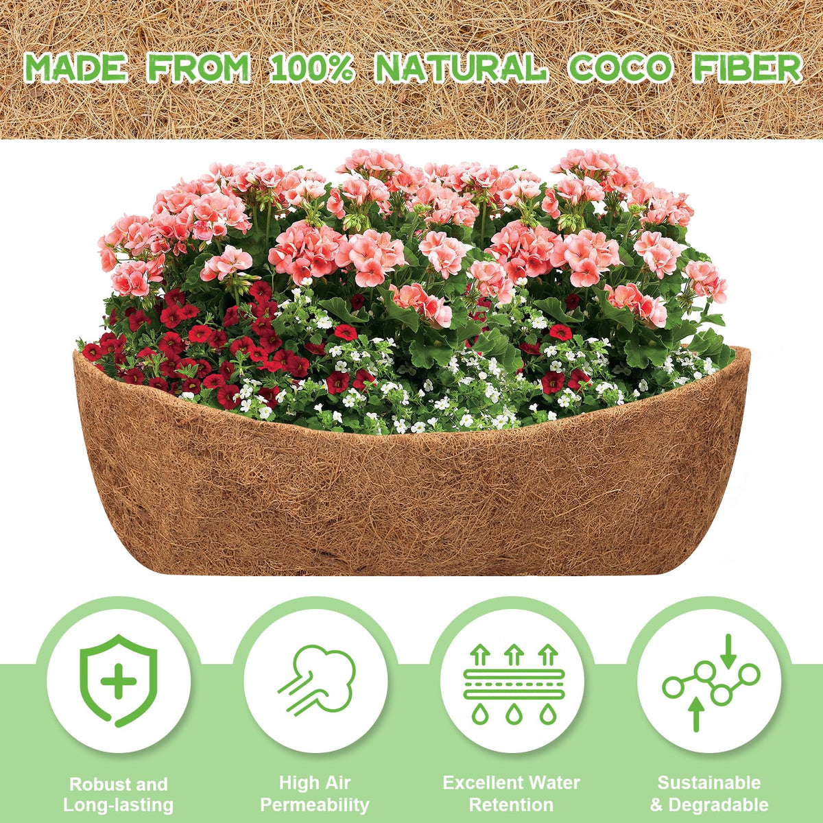 Riare coco coir liner demonstrates moisture regulation and slow water release.