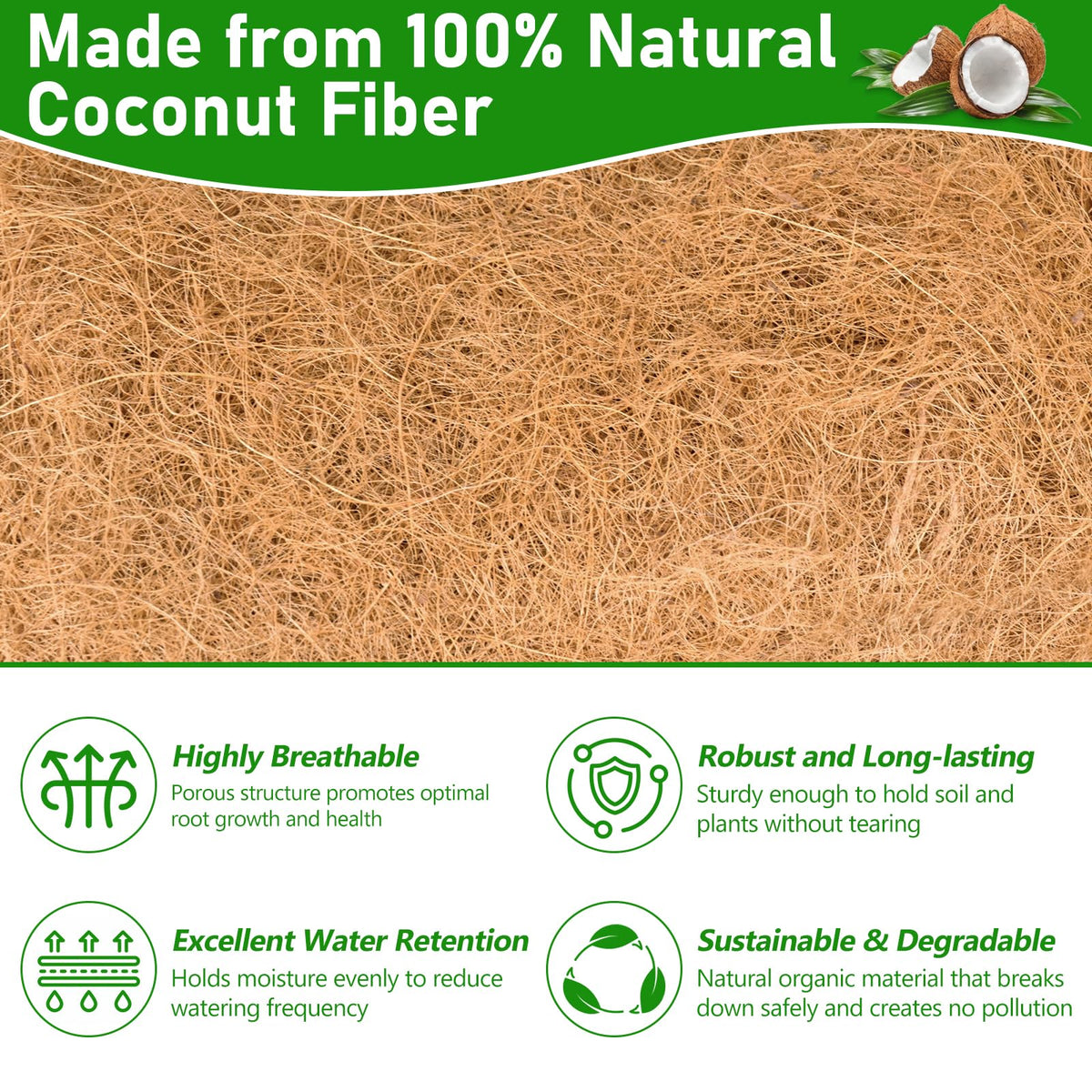 Riare natural coconut fiber material close-up for durable planter liner.