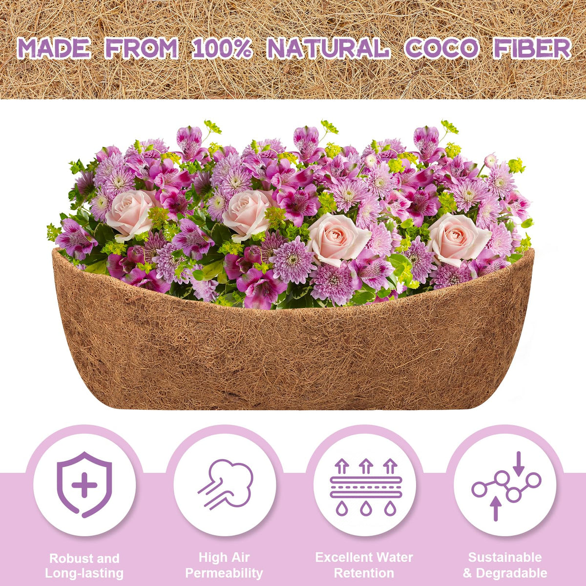 Natural coconut fiber liner from Riare enhances porosity and soil aeration.