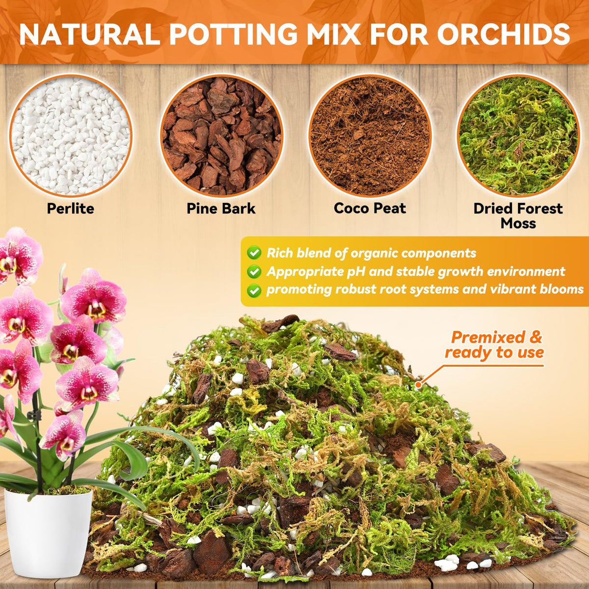 Riare orchid moss component close-up emphasizes moisture retention for epiphytic roots.