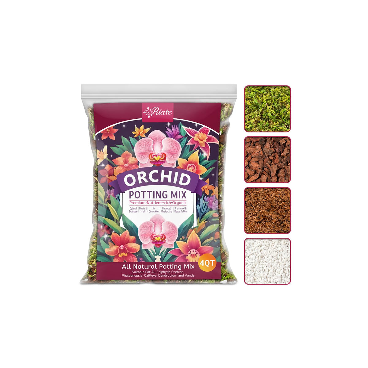 Riare orchid potting mix bag closeup showing natural ingredients for healthy roots.