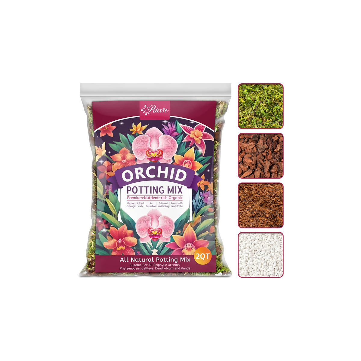 Riare orchid potting mix bag front highlights premium blend for healthy orchid roots.