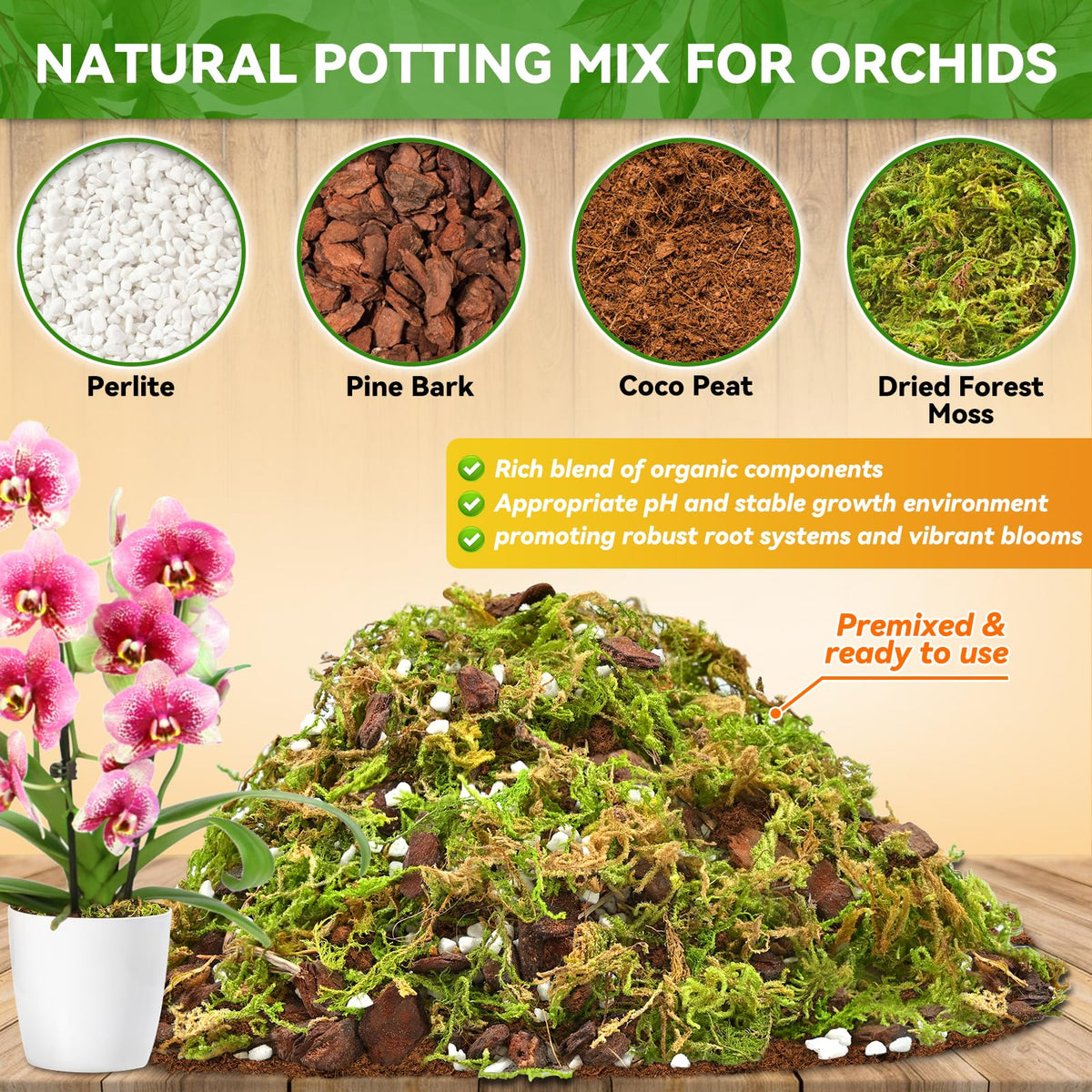 Riare orchid repotting kit with moss and pine bark for airy roots.