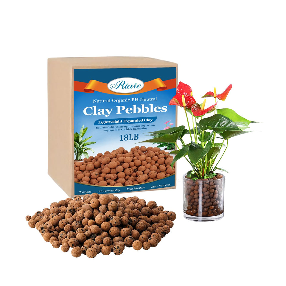 Riare organic expanded clay pebbles close-up, showing light, porous texture for drainage.