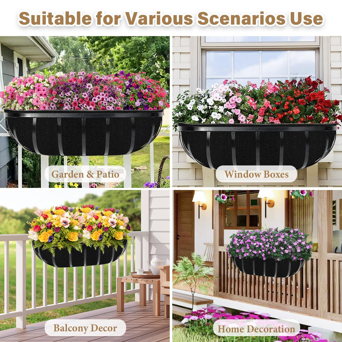 Riare outdoor liner enhances garden decor while keeping baskets neat.