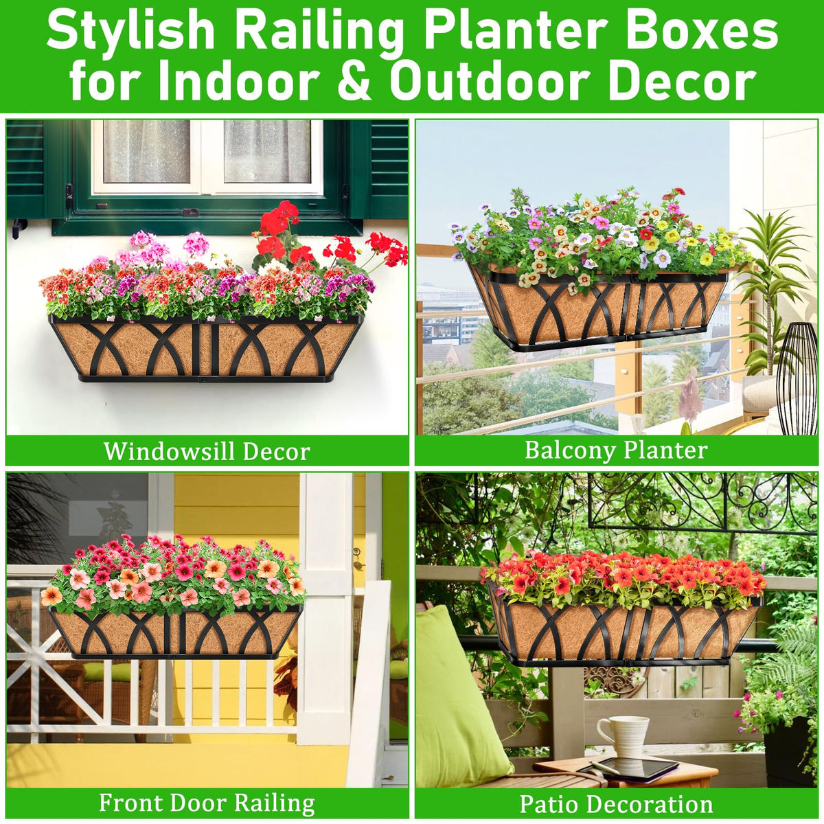Riare rectangular farmhouse-style railing planter decorating a balcony