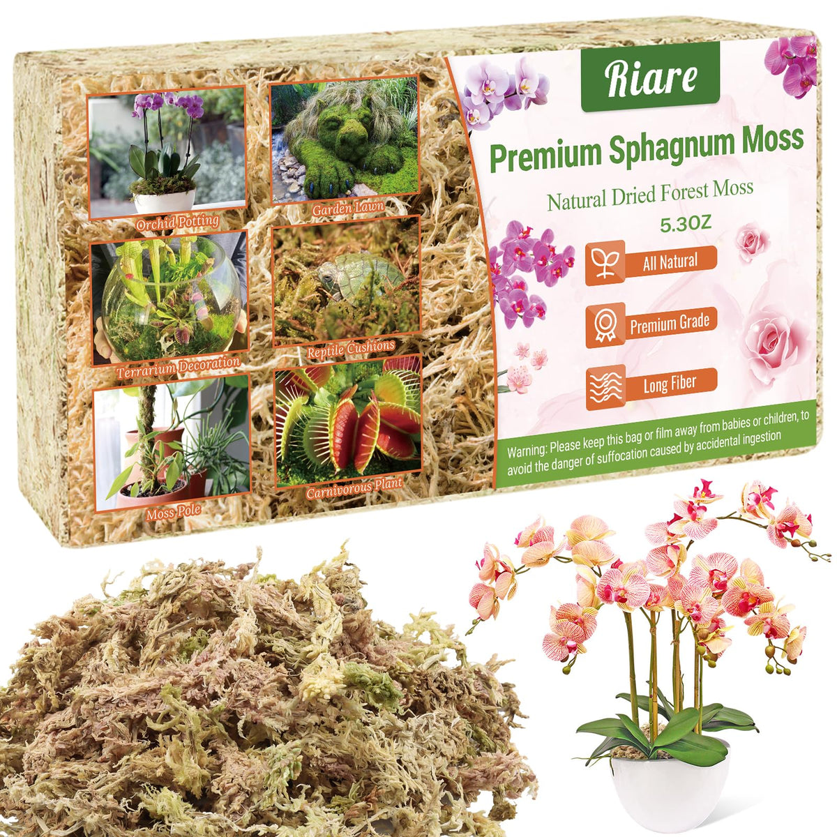 Riare sphagnum moss packaging shows clean, premium material ready for potting