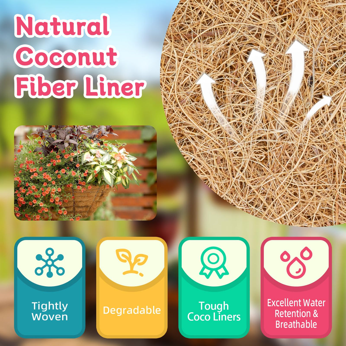 Riare thick coco liner demonstrates water retention for lush growth.