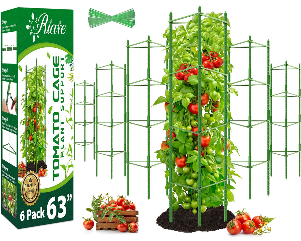 Riare 6-pack tomato cages reach 63 inches for tall plants and strong support.