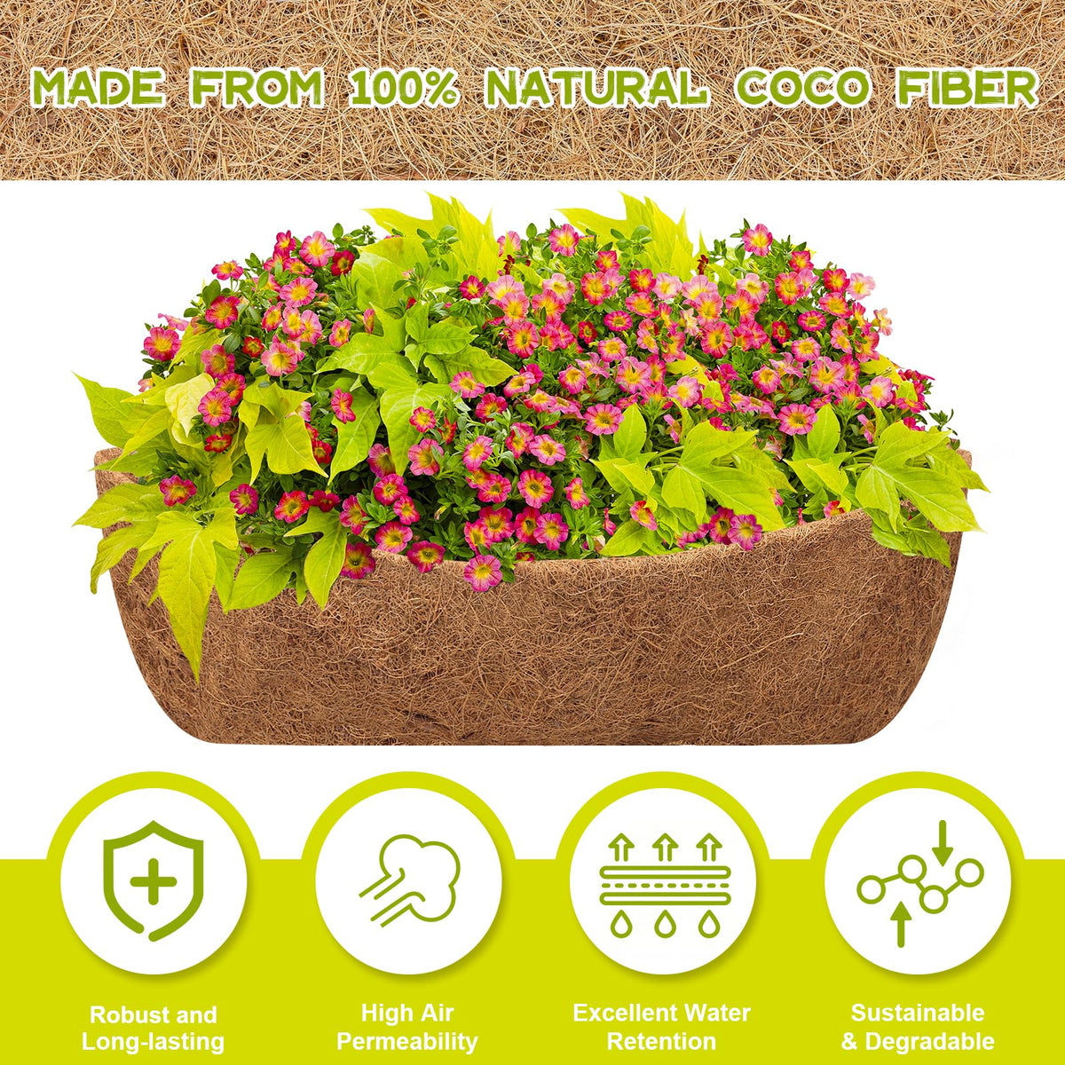 Riare liner installed in hanging basket for easy fit and decorative appeal.