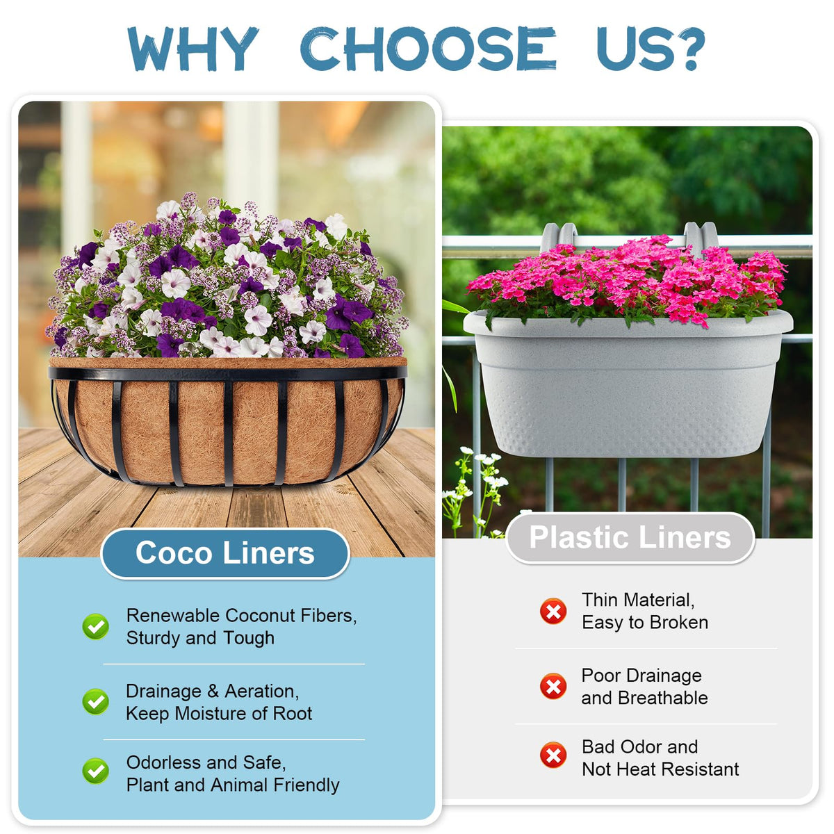 Riare liners suited for wall planters, window boxes, and deck rail baskets.
