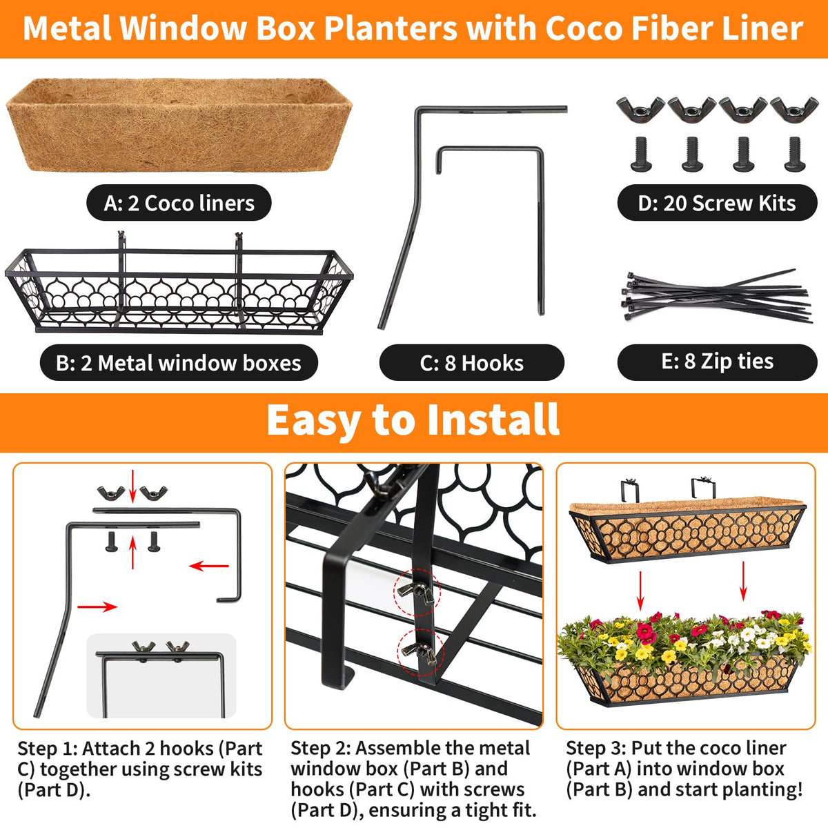 Riare window box with coco liner promotes drainage and plant health.
