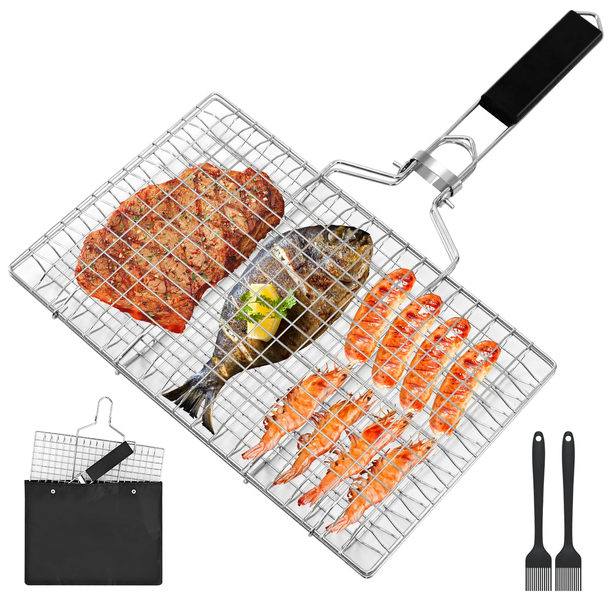 Ribber fish grill basket folding design for portable outdoor cooking