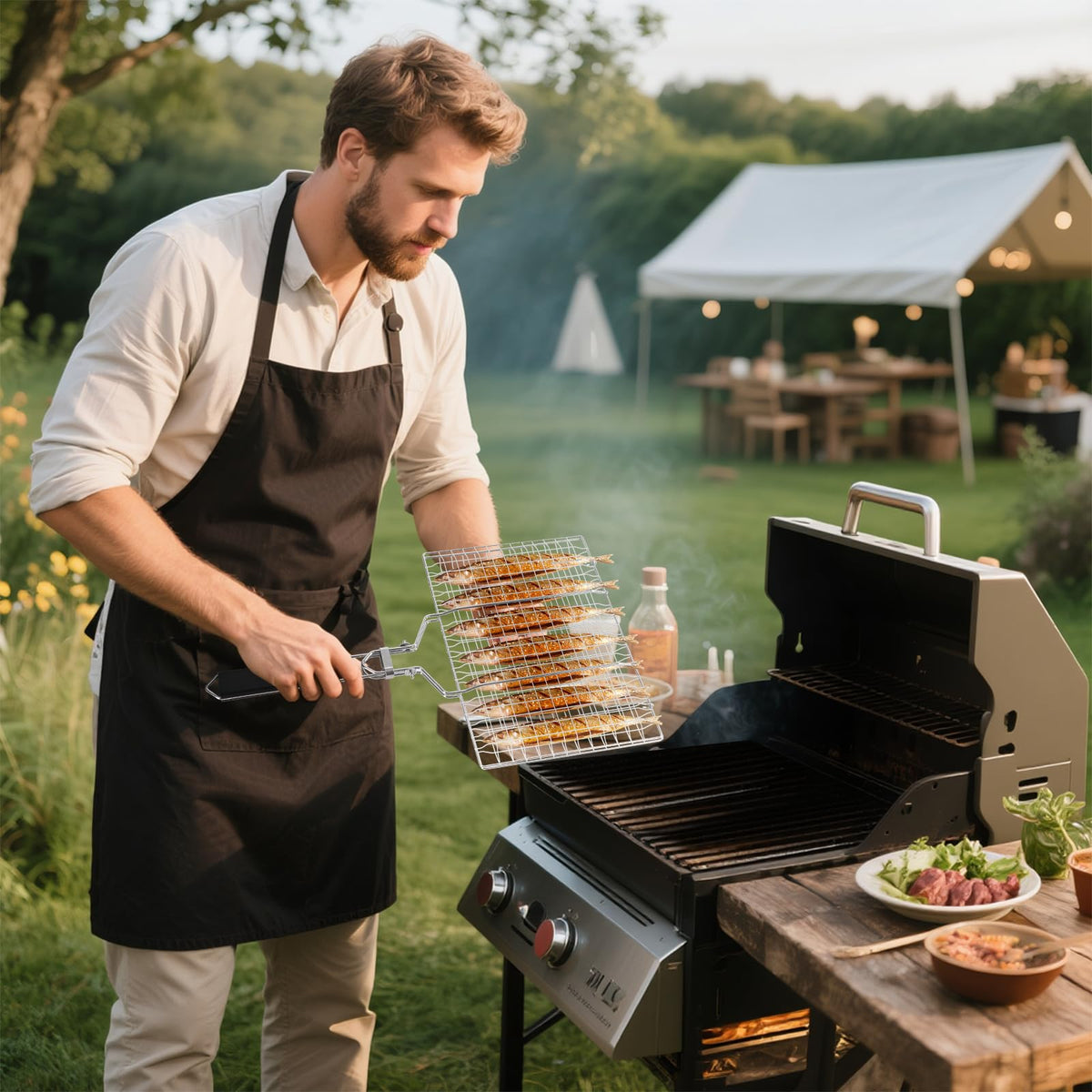 Ribber grill basket detachable handle for compact storage