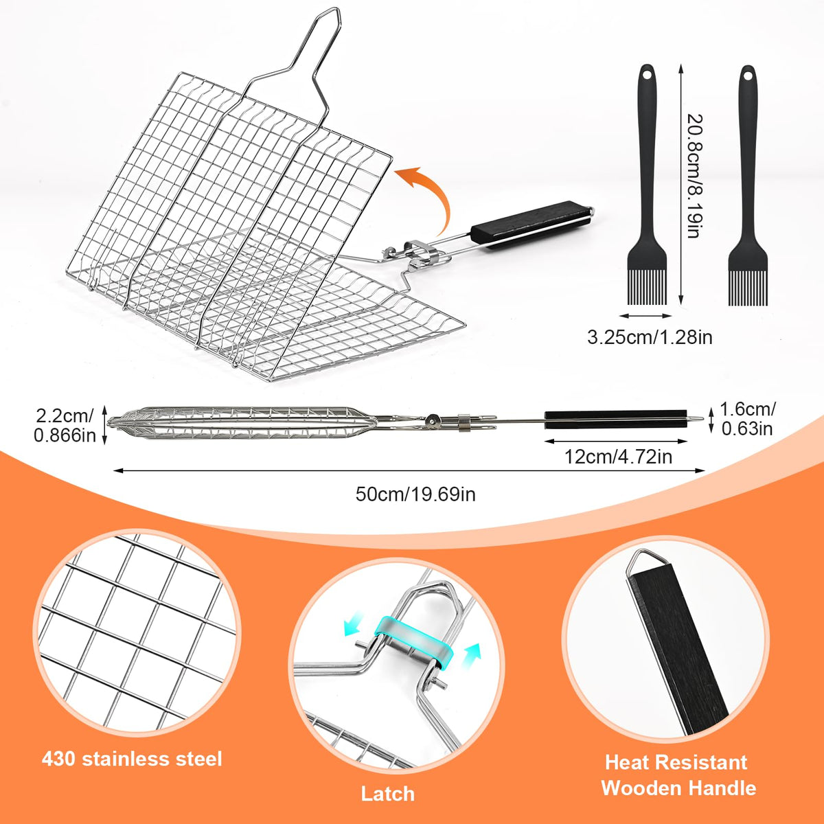 Ribber grill basket secure flip lock for easy turning