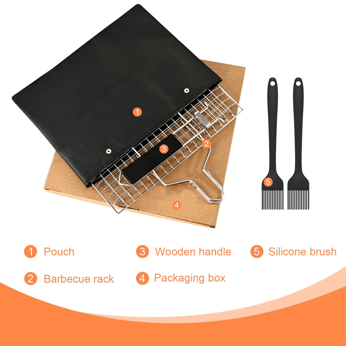Ribber grill basket storage bag and two basting brushes included