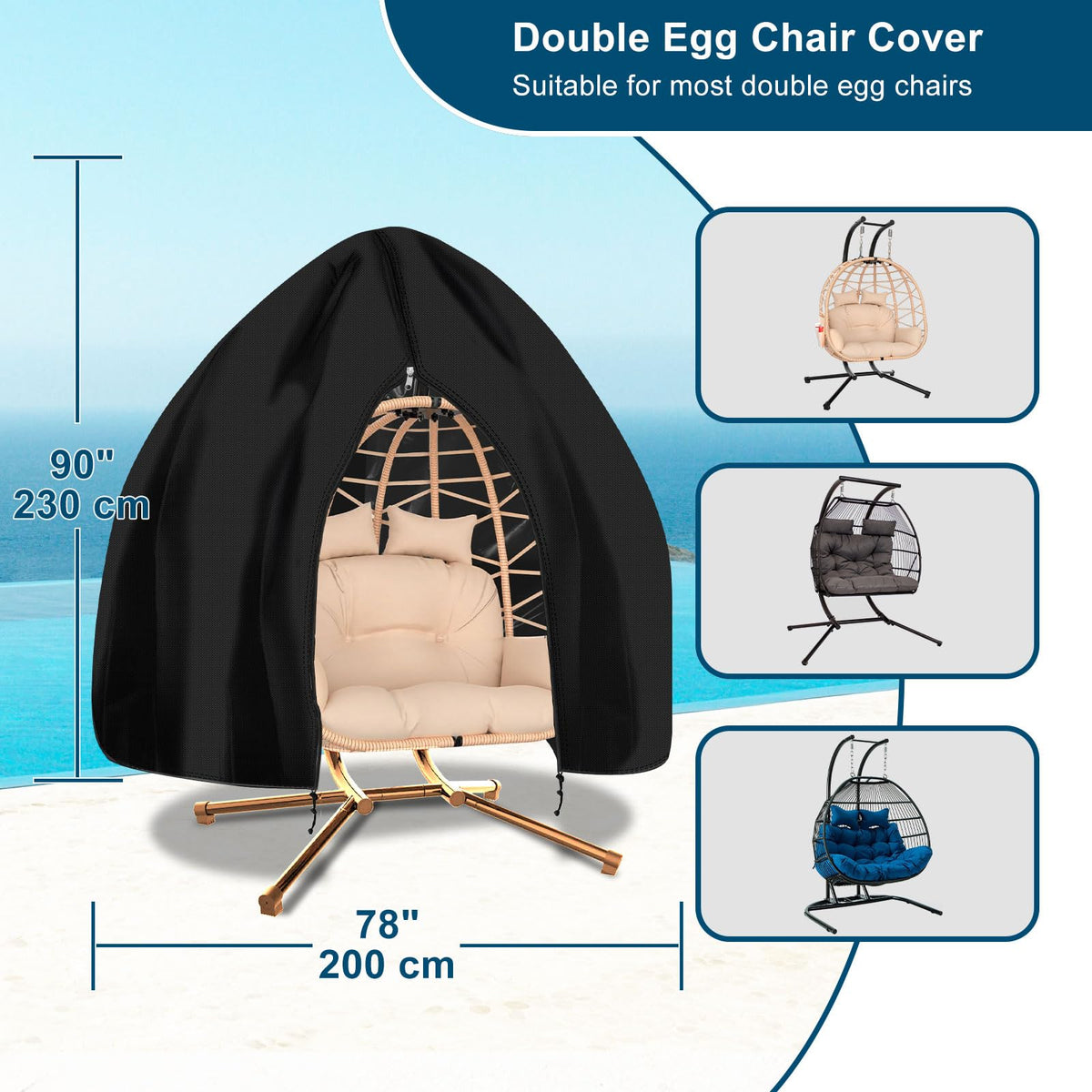 RICHIE waterproof patio double egg chair cover, side view, adjustable elastic hem for universal fit