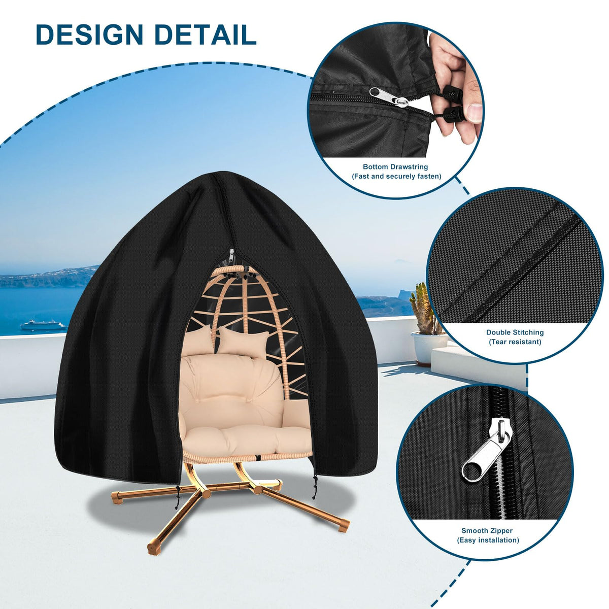 RICHIE waterproof patio double egg chair cover, zipper close for easy on and off