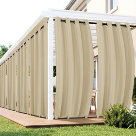 RichSets outdoor curtains in cream on a patio provide full coverage and waterproof protection