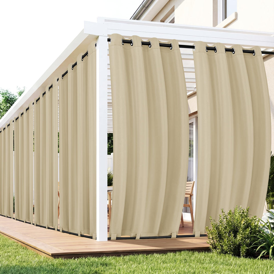 RichSets outdoor curtains in cream on a patio provide full coverage and waterproof protection