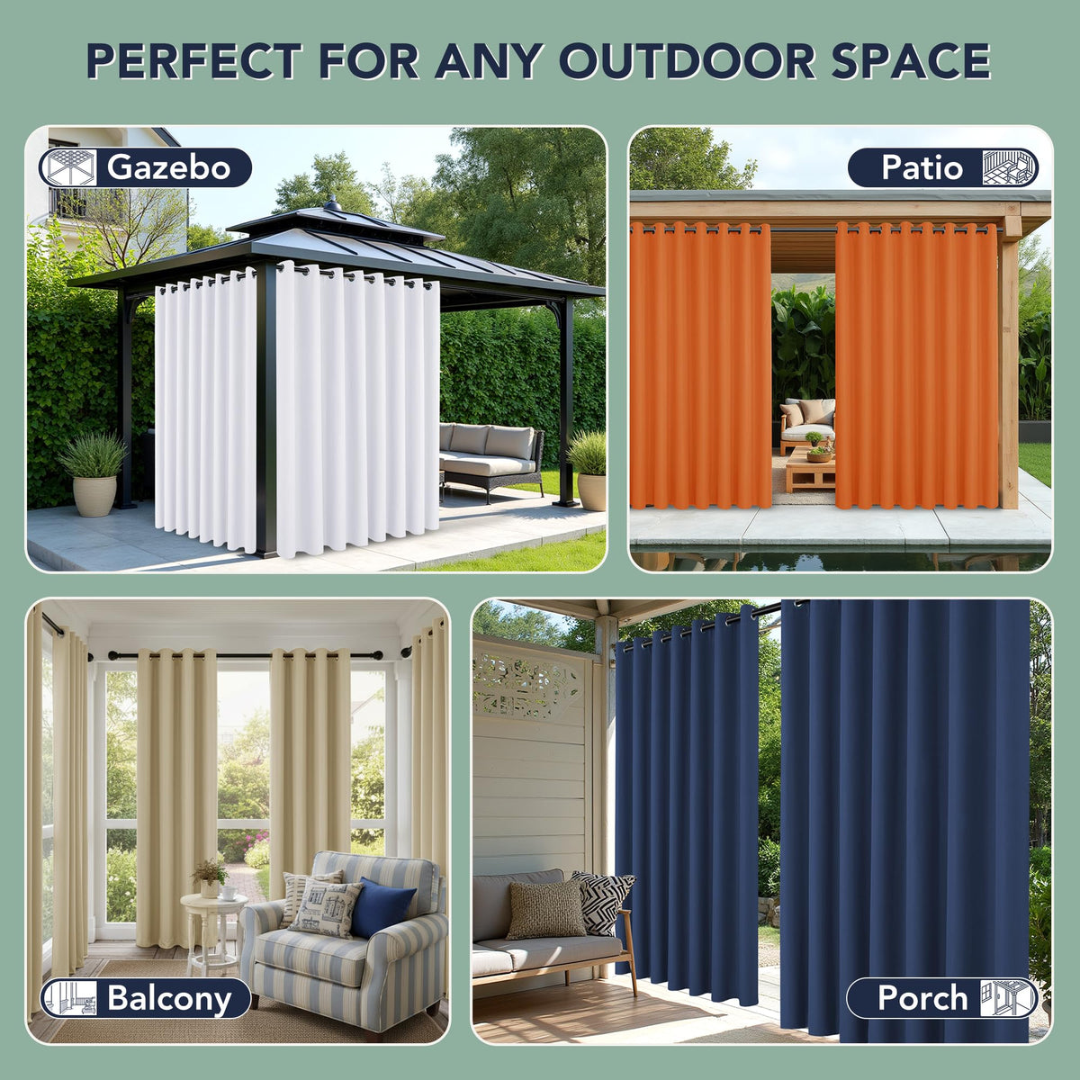 RichSets outdoor curtains pair with standard rods for quick, stylish setup