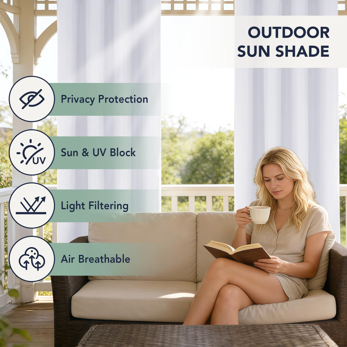 RichSets six-panel privacy outdoor curtains for a dining area.