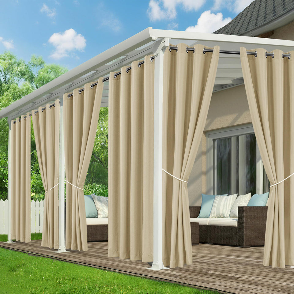 RichSets outdoor curtains in cream provide waterproof porch protection for year-round weather