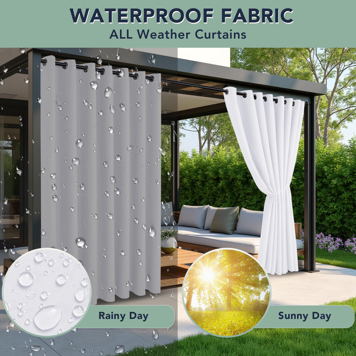 RichSets White Outdoor Curtains installed on a gazebo for rain protection.
