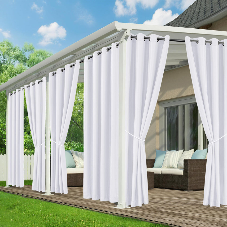 RichSets White Outdoor Curtains on a patio setup for weatherproof privacy.