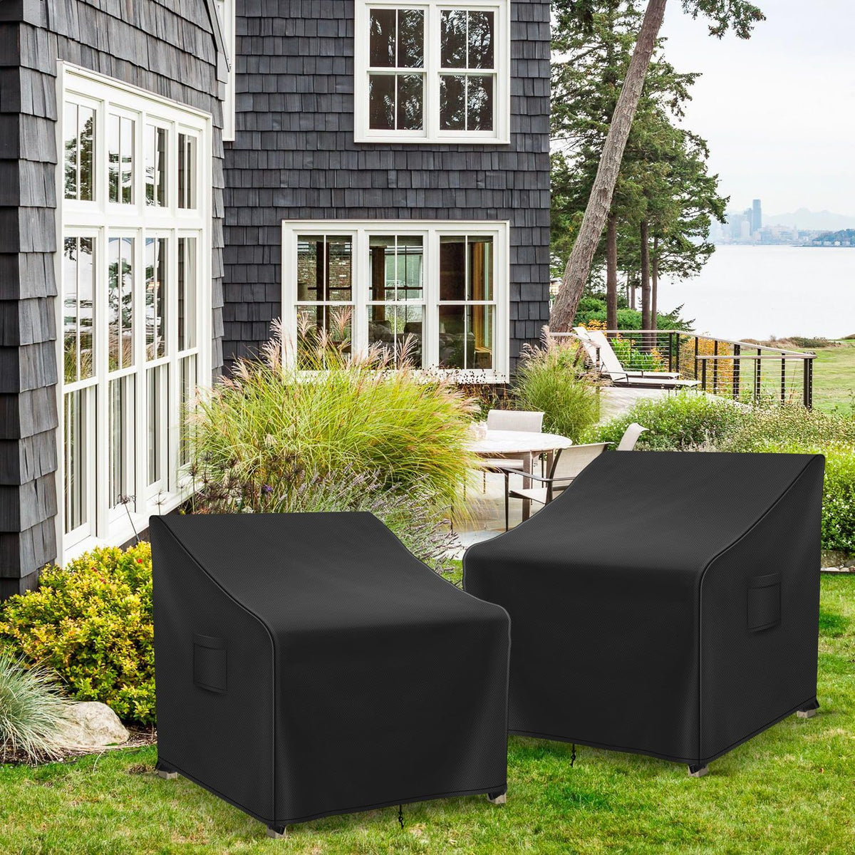 Two black Richwon covers included for outdoor chairs