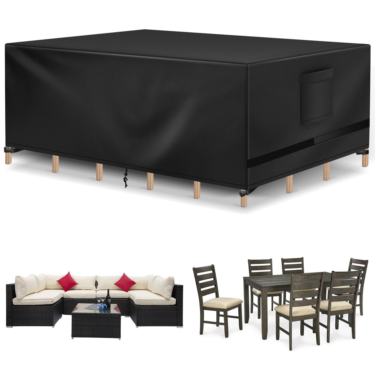 Richwon patio cover on rectangle furniture (90in x 64in x 28in) protects against rain and sun