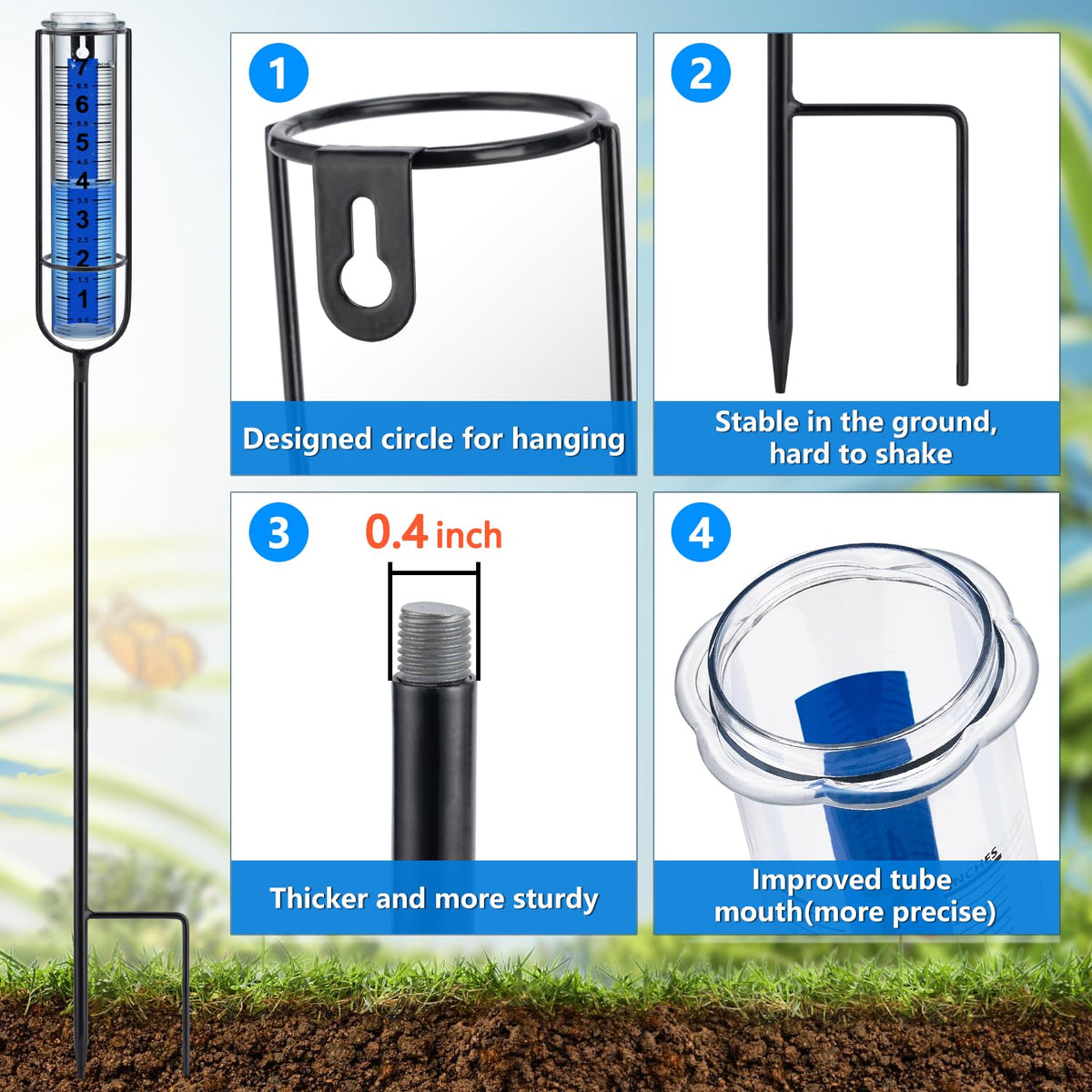 Ricihene rain gauge features large font scale for easy distance reading.