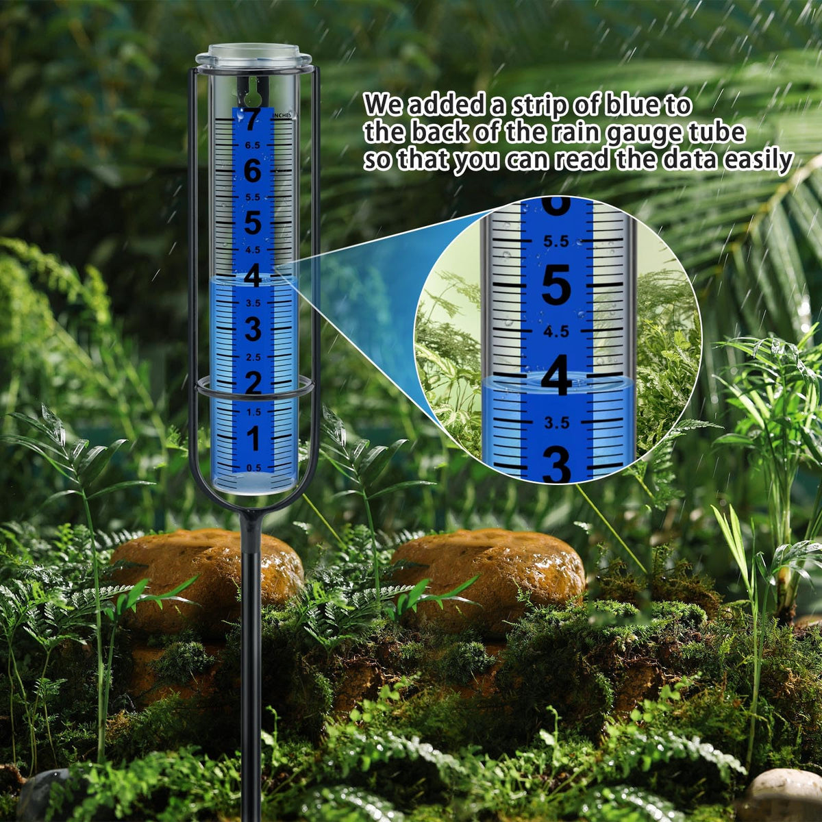 Rust-resistant metal stake supports Ricihene gauge in wind