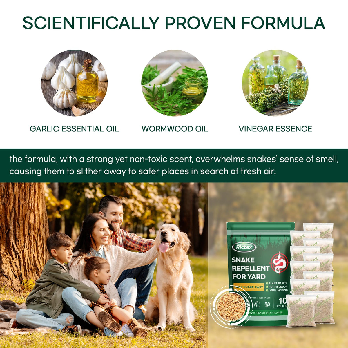 Rictex Snake Repellent Pouch beside plants protects greenery and pets