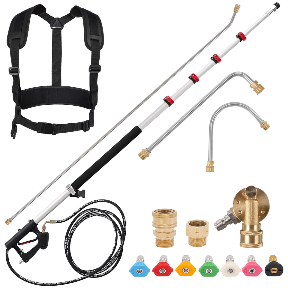 RIDGE WASHER 24ft telescoping wand extends reach to clean roofs and gutters safely.